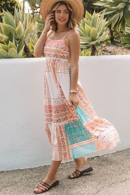 image-Multicolor Boho Patchwork Print Square Neck Sundress