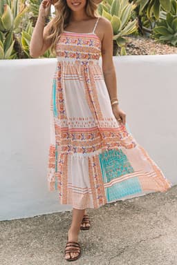 image-Multicolor Boho Patchwork Print Square Neck Sundress