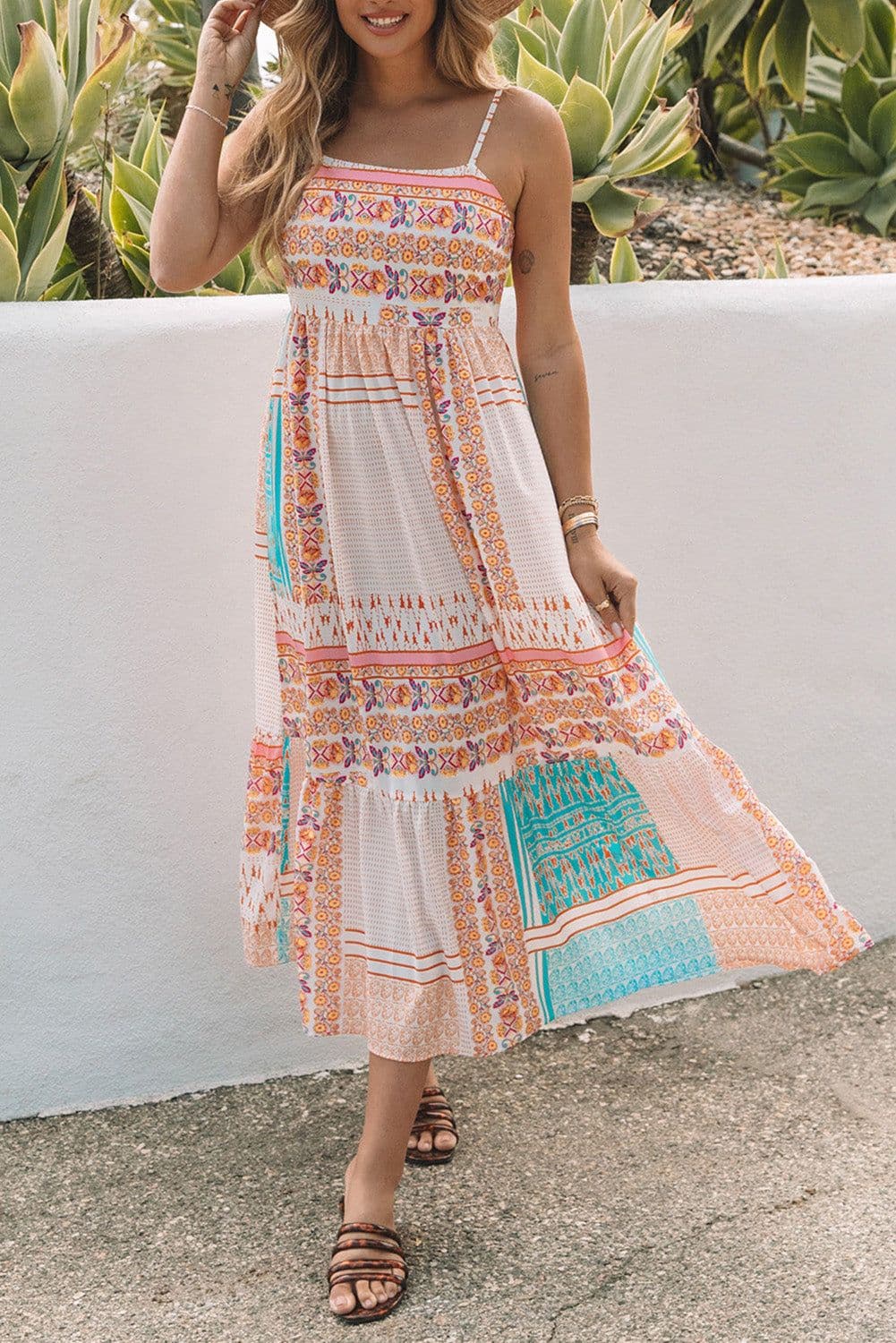 image-Multicolor Boho Patchwork Print Square Neck Sundress