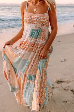 image-Multicolor Boho Patchwork Print Square Neck Sundress