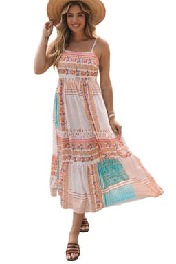 image-Multicolor Boho Patchwork Print Square Neck Sundress