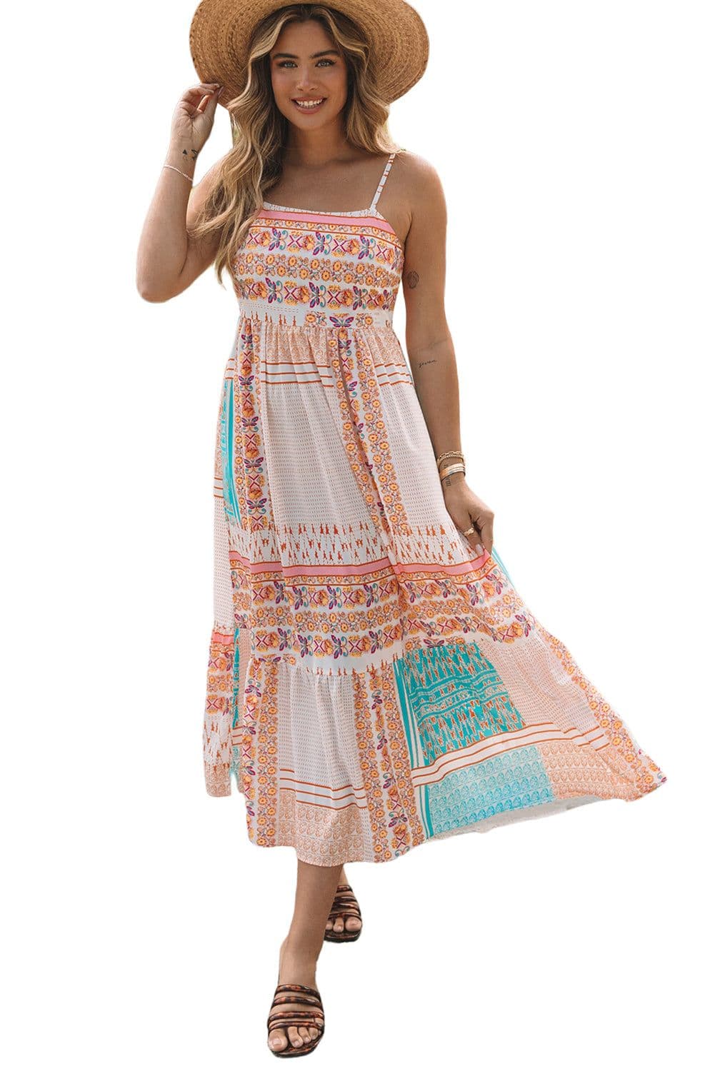 image-Multicolor Boho Patchwork Print Square Neck Sundress