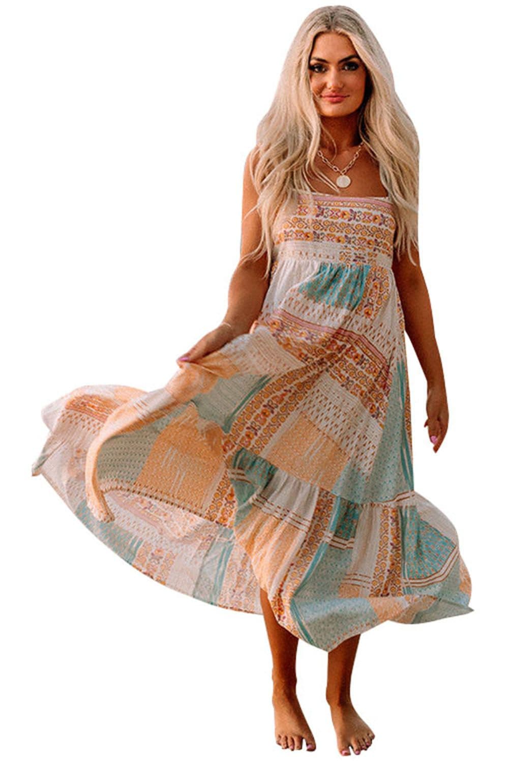 image-Multicolor Boho Patchwork Print Square Neck Sundress