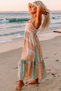 image-Multicolor Boho Patchwork Print Square Neck Sundress