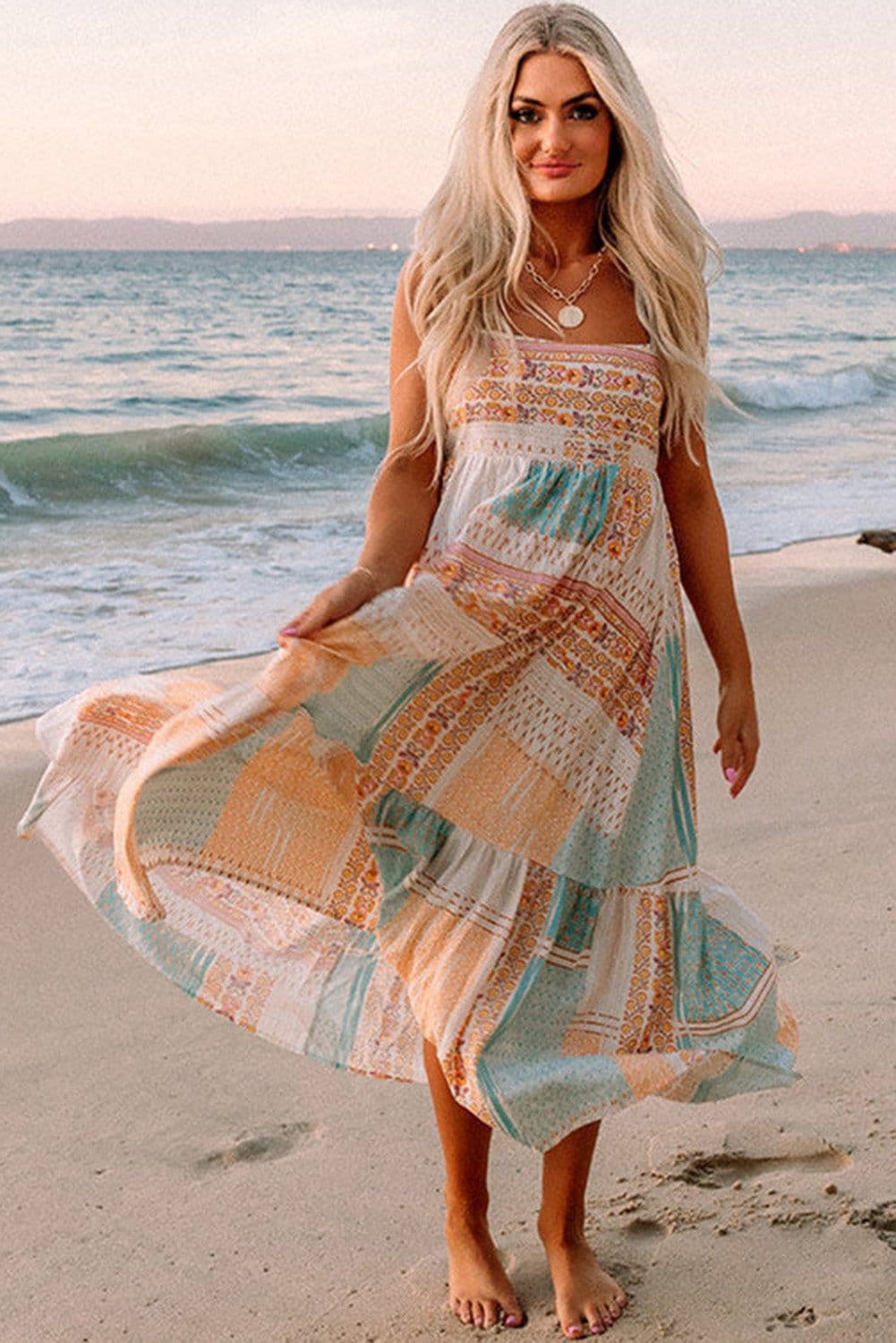 image-Multicolor Boho Patchwork Print Square Neck Sundress