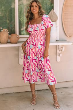 image-Pink Brush Stroke Printed Smocked Ruffle Tiered Dress