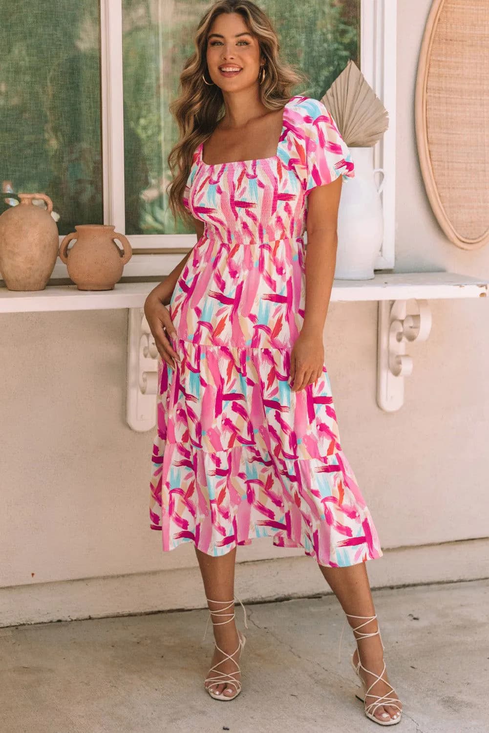 image-Pink Brush Stroke Printed Smocked Ruffle Tiered Dress