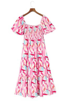 image-Pink Brush Stroke Printed Smocked Ruffle Tiered Dress