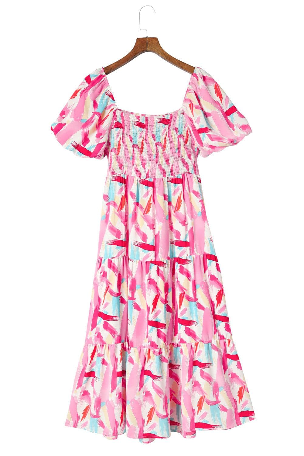 image-Pink Brush Stroke Printed Smocked Ruffle Tiered Dress