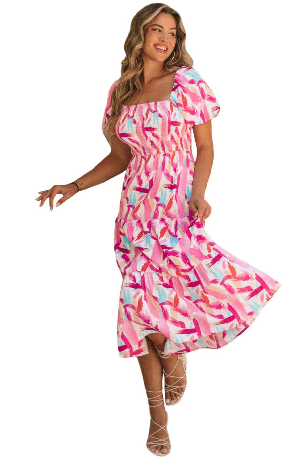 image-Pink Brush Stroke Printed Smocked Ruffle Tiered Dress