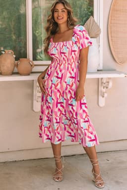 image-Pink Brush Stroke Printed Smocked Ruffle Tiered Dress