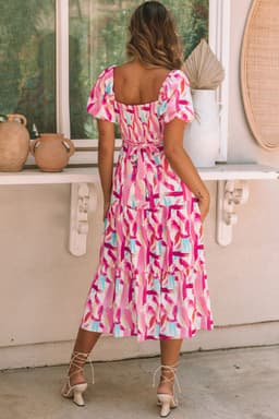 image-Pink Brush Stroke Printed Smocked Ruffle Tiered Dress