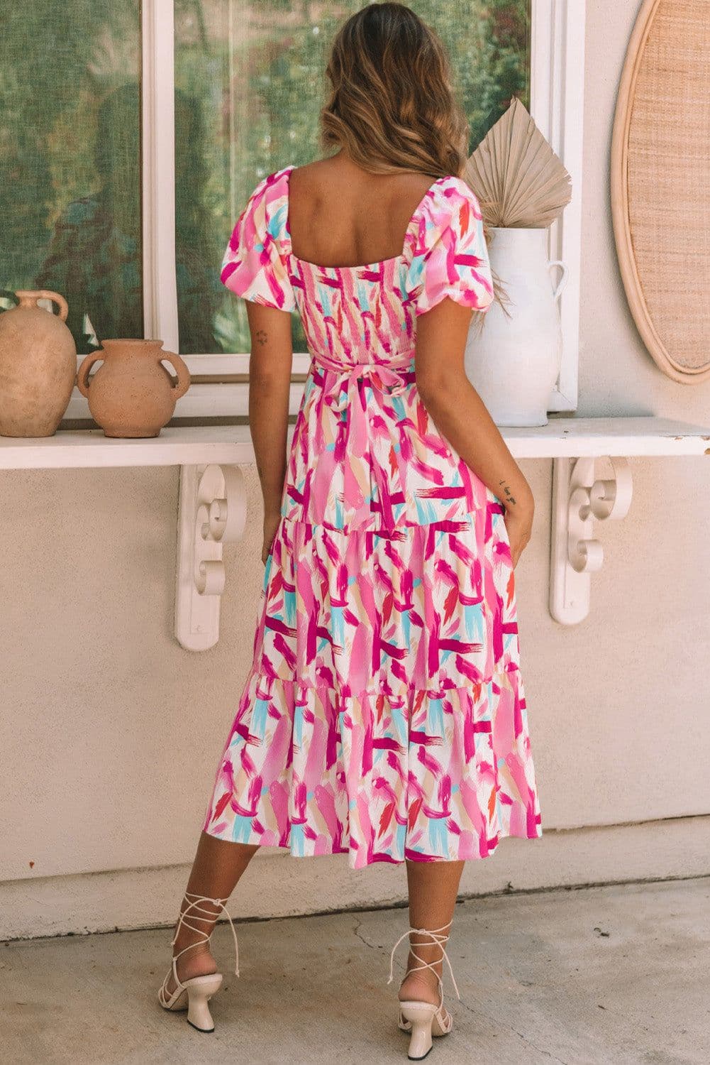 image-Pink Brush Stroke Printed Smocked Ruffle Tiered Dress