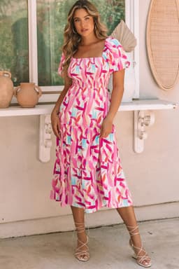 image-Pink Brush Stroke Printed Smocked Ruffle Tiered Dress