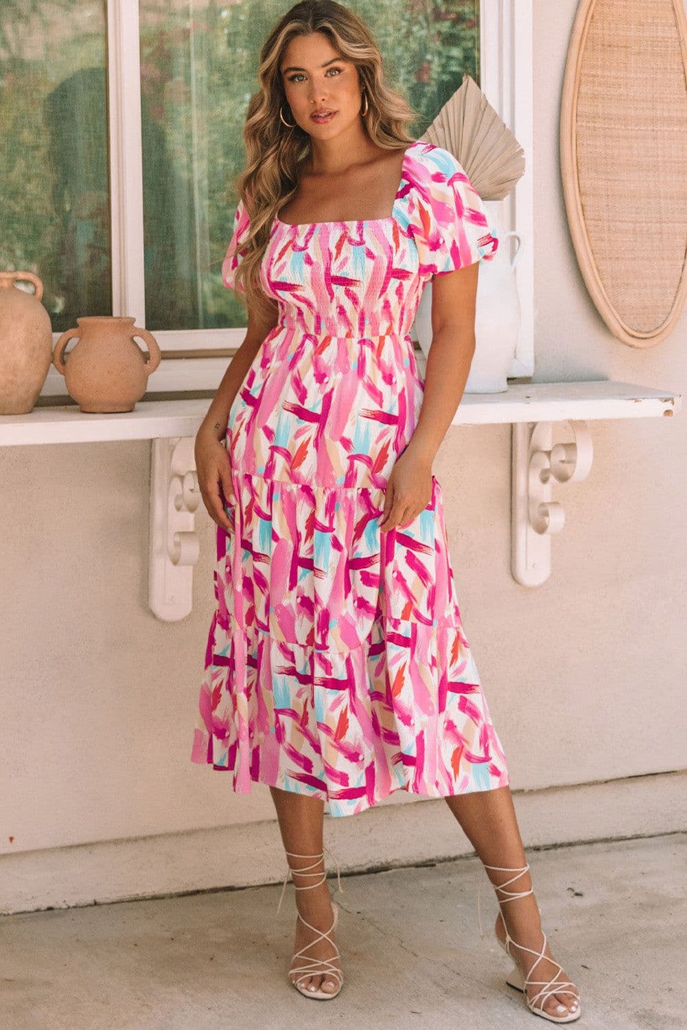 image-Pink Brush Stroke Printed Smocked Ruffle Tiered Dress