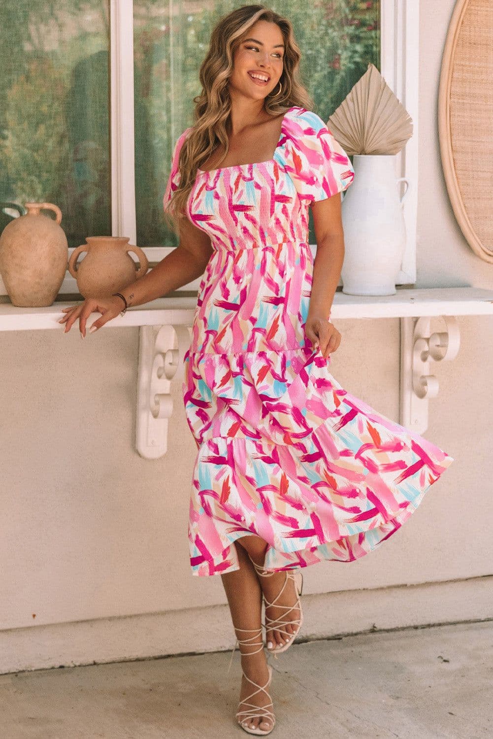 image-Pink Brush Stroke Printed Smocked Ruffle Tiered Dress
