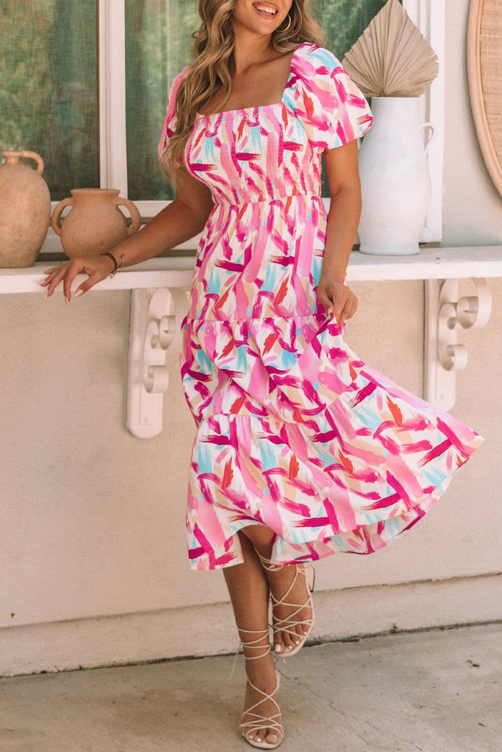 image-Pink Brush Stroke Printed Smocked Ruffle Tiered Dress