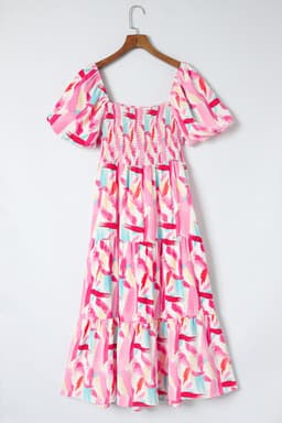 image-Pink Brush Stroke Printed Smocked Ruffle Tiered Dress