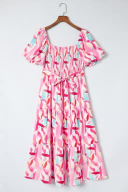 image-Pink Brush Stroke Printed Smocked Ruffle Tiered Dress