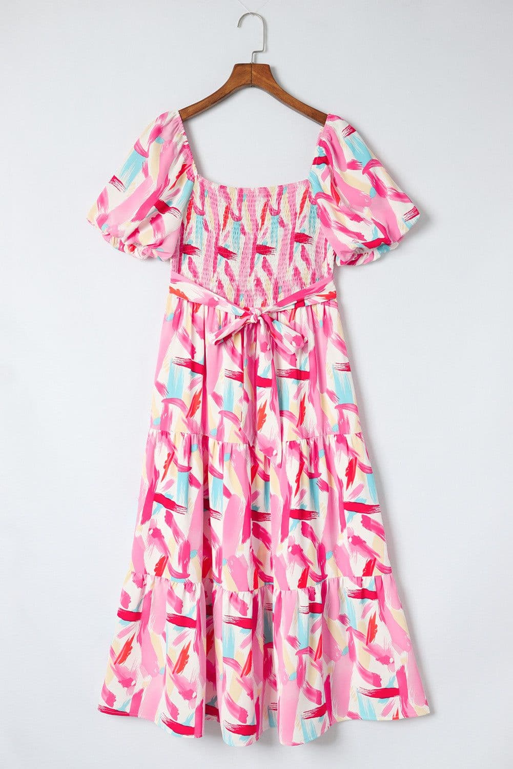 image-Pink Brush Stroke Printed Smocked Ruffle Tiered Dress