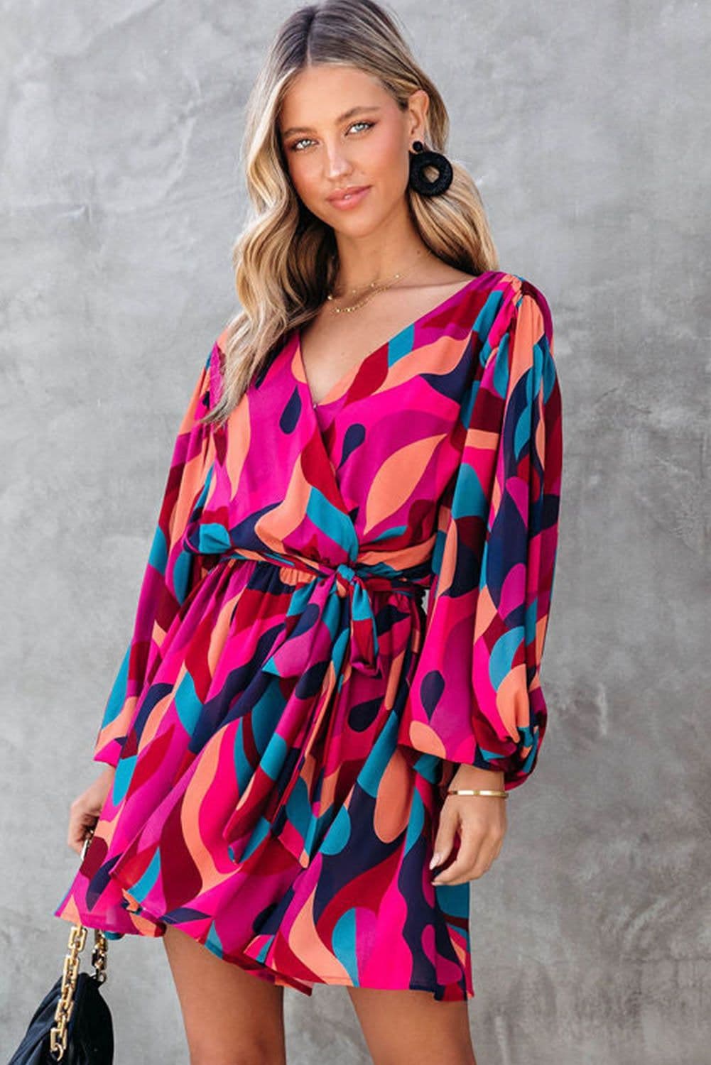 image-Fiery Red Abstract Printed Belted Puff Sleeve Mini Dress