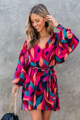 image-Fiery Red Abstract Printed Belted Puff Sleeve Mini Dress