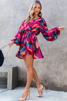 image-Fiery Red Abstract Printed Belted Puff Sleeve Mini Dress