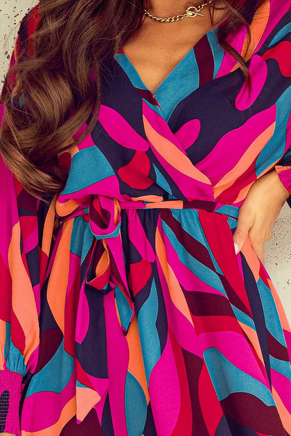 image-Fiery Red Abstract Printed Belted Puff Sleeve Mini Dress
