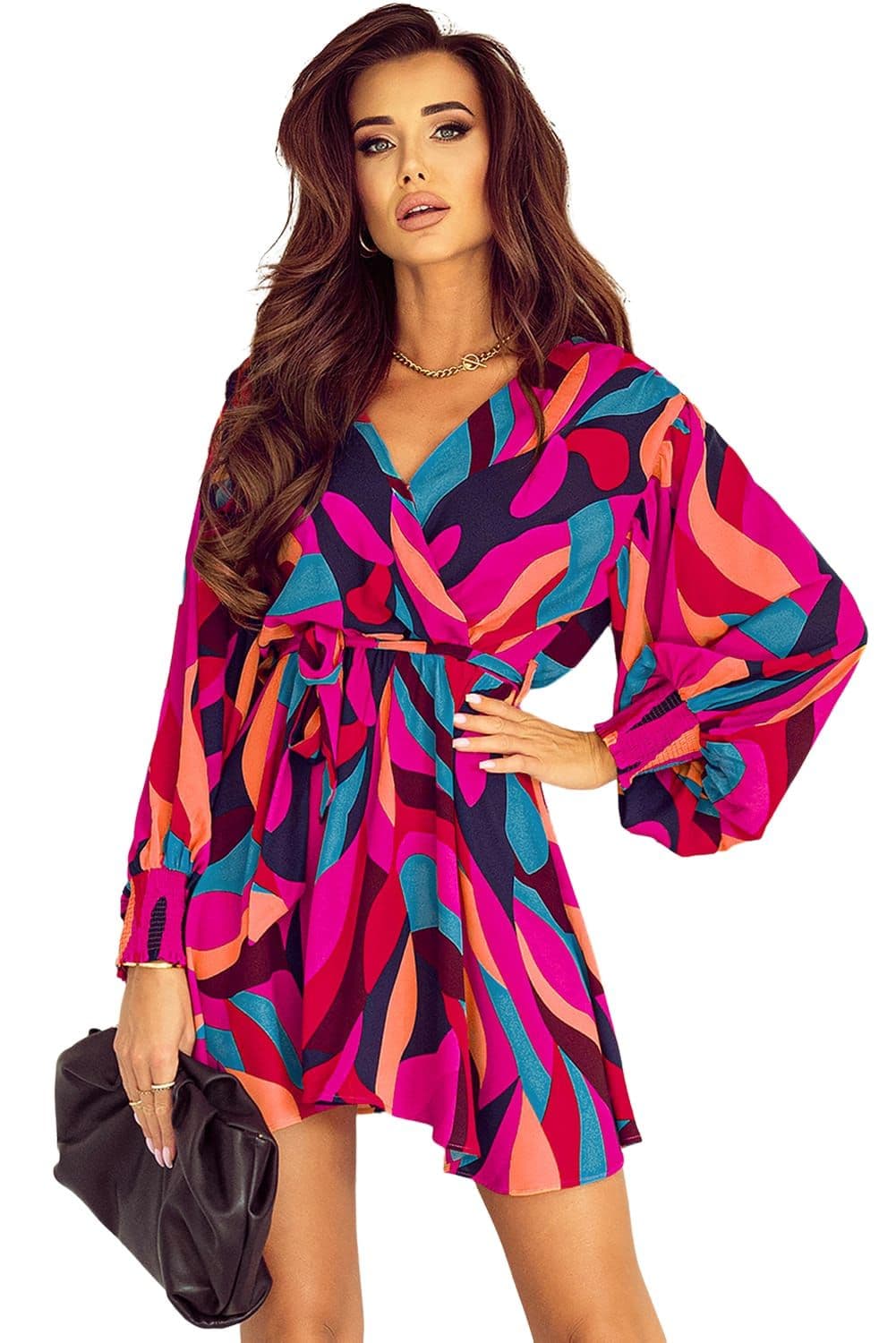 image-Fiery Red Abstract Printed Belted Puff Sleeve Mini Dress