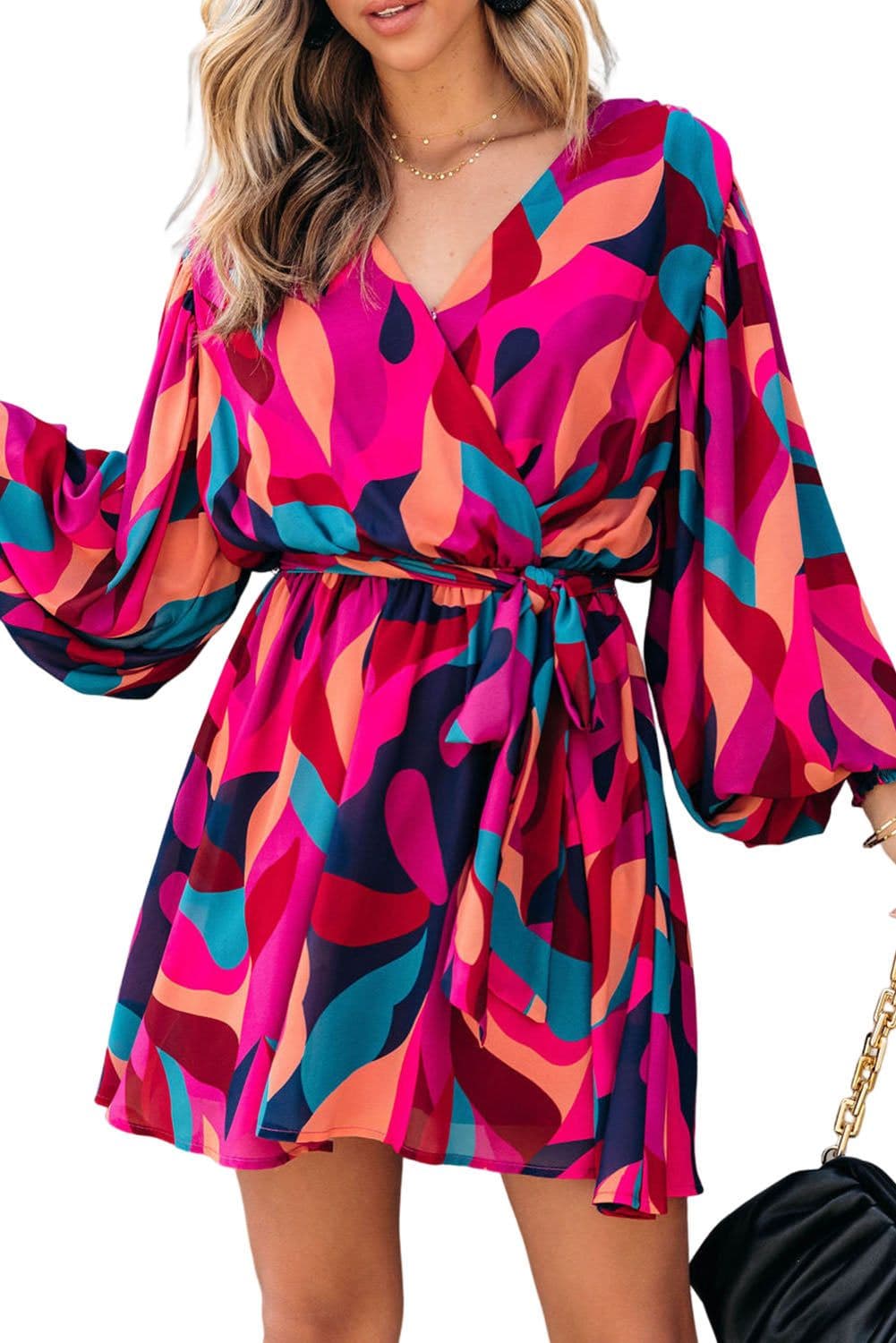image-Fiery Red Abstract Printed Belted Puff Sleeve Mini Dress