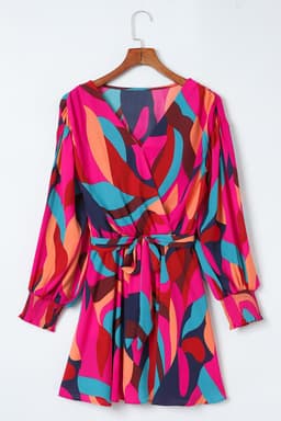 image-Fiery Red Abstract Printed Belted Puff Sleeve Mini Dress