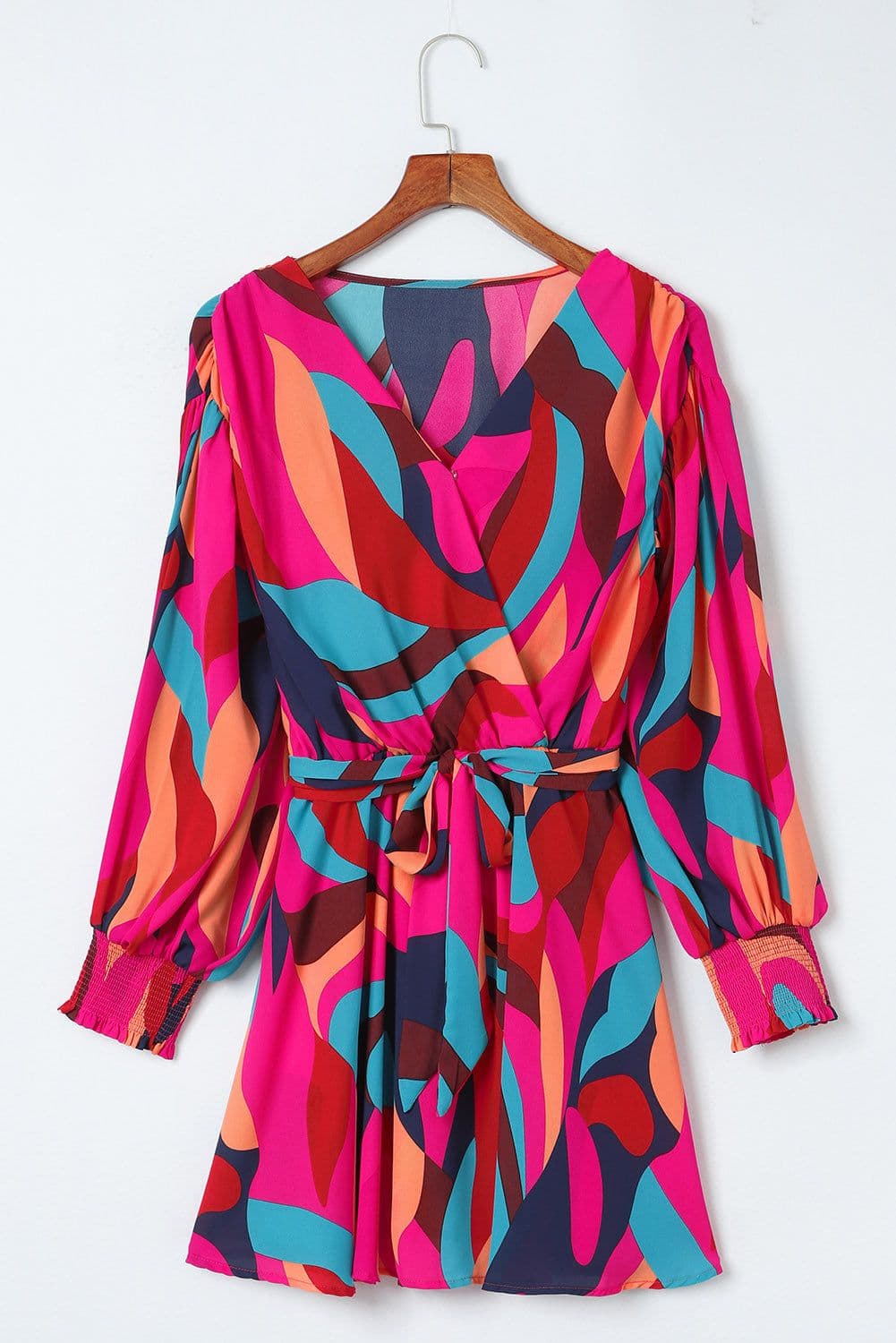 image-Fiery Red Abstract Printed Belted Puff Sleeve Mini Dress