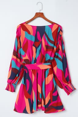 image-Fiery Red Abstract Printed Belted Puff Sleeve Mini Dress