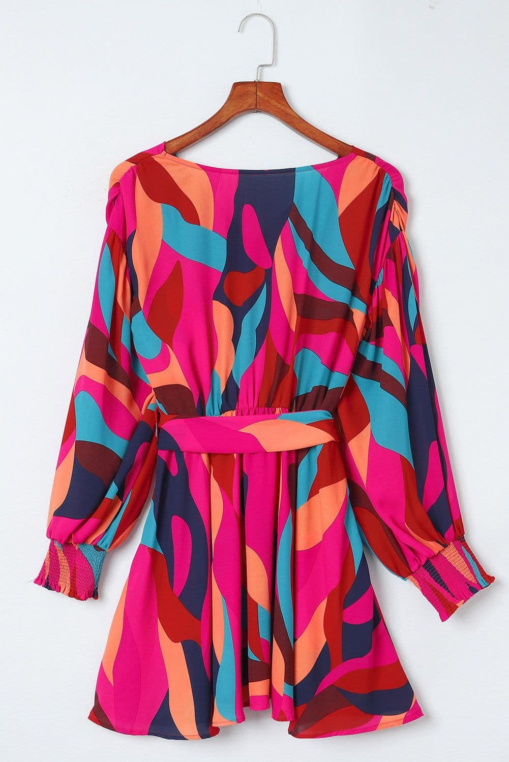 image-Fiery Red Abstract Printed Belted Puff Sleeve Mini Dress