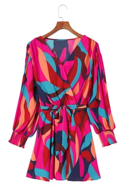 image-Fiery Red Abstract Printed Belted Puff Sleeve Mini Dress