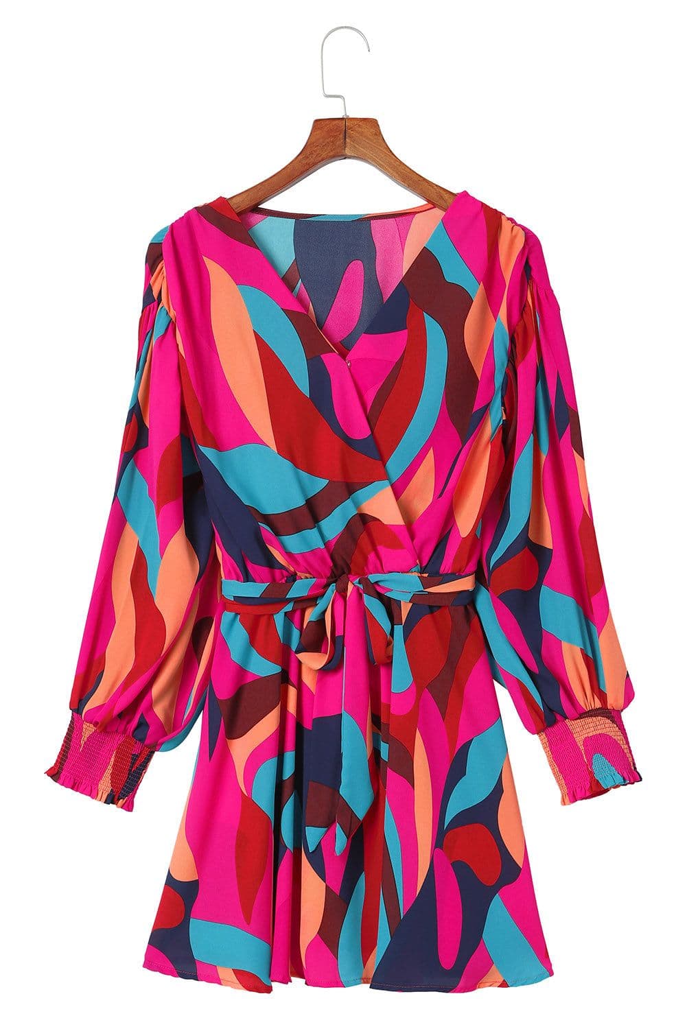 image-Fiery Red Abstract Printed Belted Puff Sleeve Mini Dress