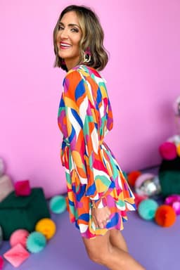 image-Fiery Red Abstract Printed Belted Puff Sleeve Mini Dress