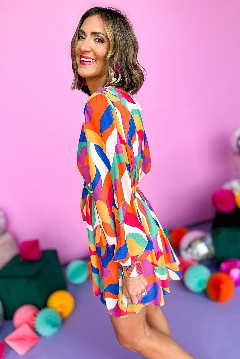 image-Fiery Red Abstract Printed Belted Puff Sleeve Mini Dress