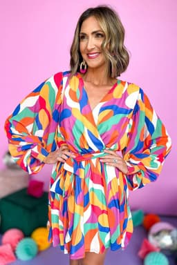 image-Fiery Red Abstract Printed Belted Puff Sleeve Mini Dress