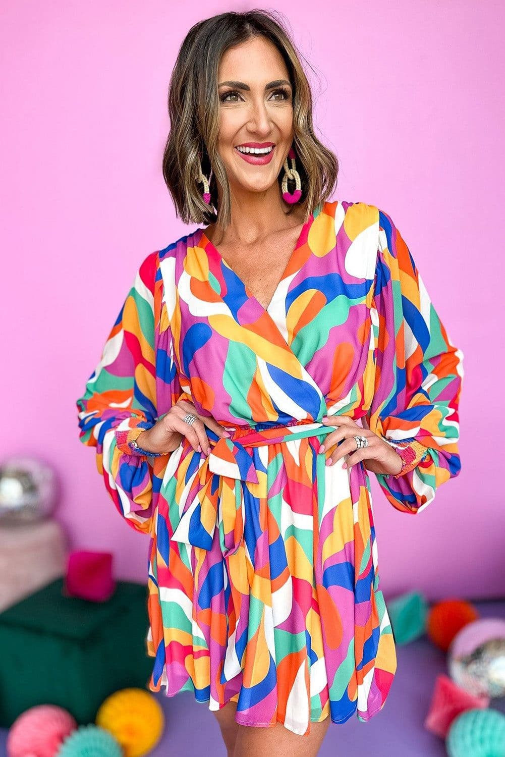 image-Fiery Red Abstract Printed Belted Puff Sleeve Mini Dress