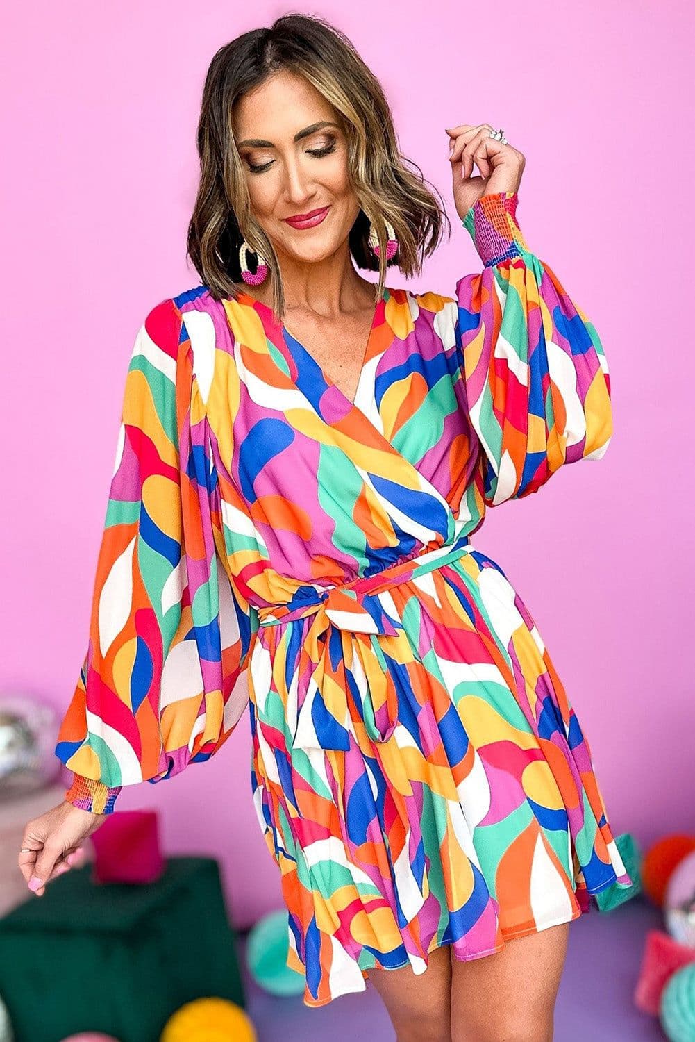 image-Fiery Red Abstract Printed Belted Puff Sleeve Mini Dress