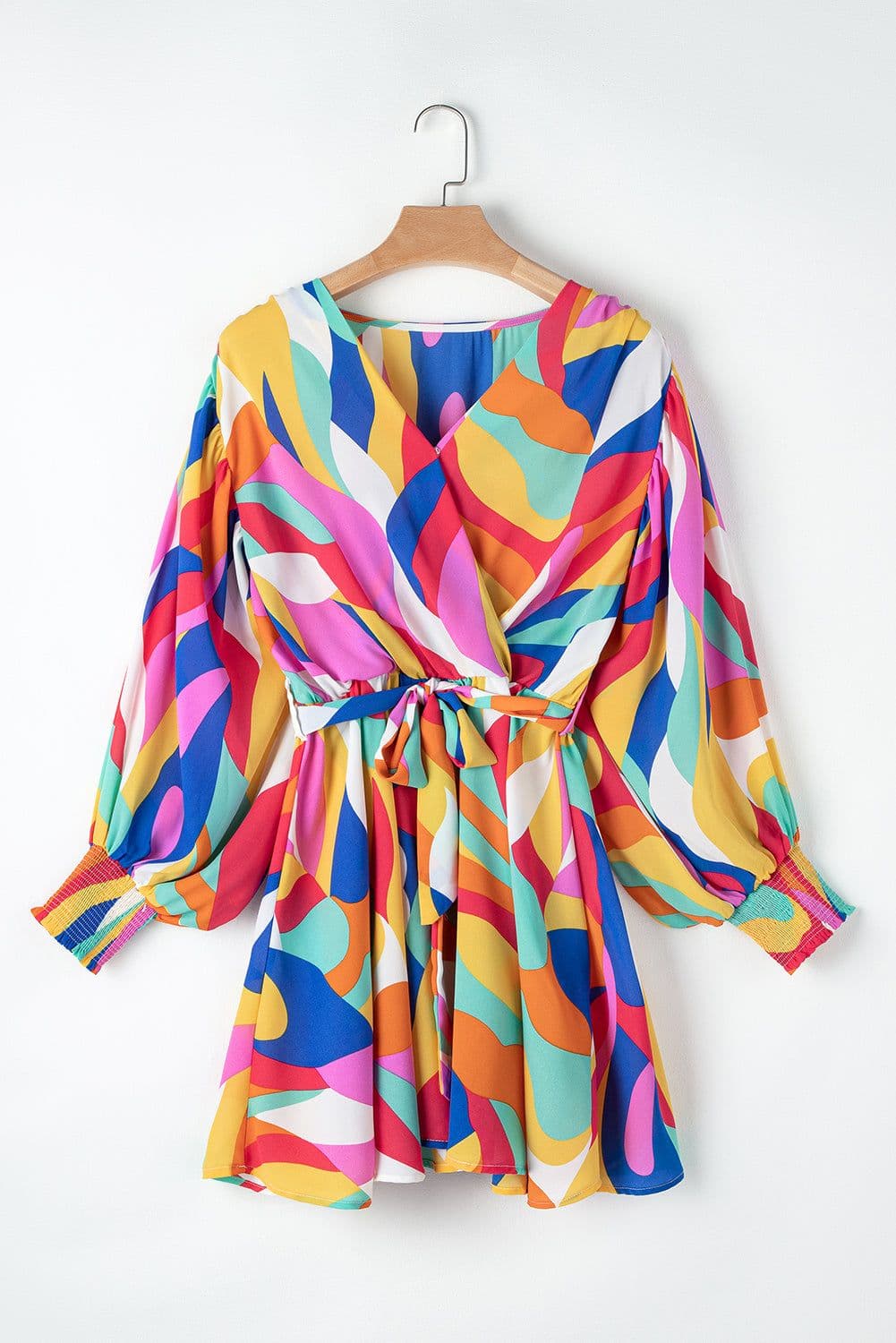 image-Fiery Red Abstract Printed Belted Puff Sleeve Mini Dress