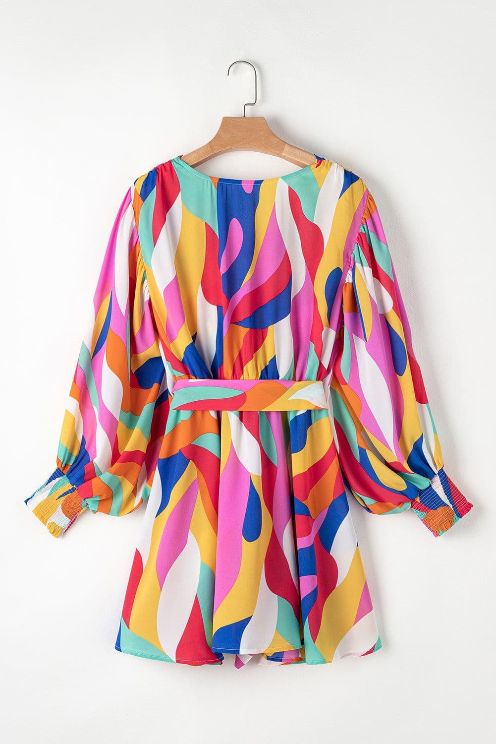 image-Fiery Red Abstract Printed Belted Puff Sleeve Mini Dress