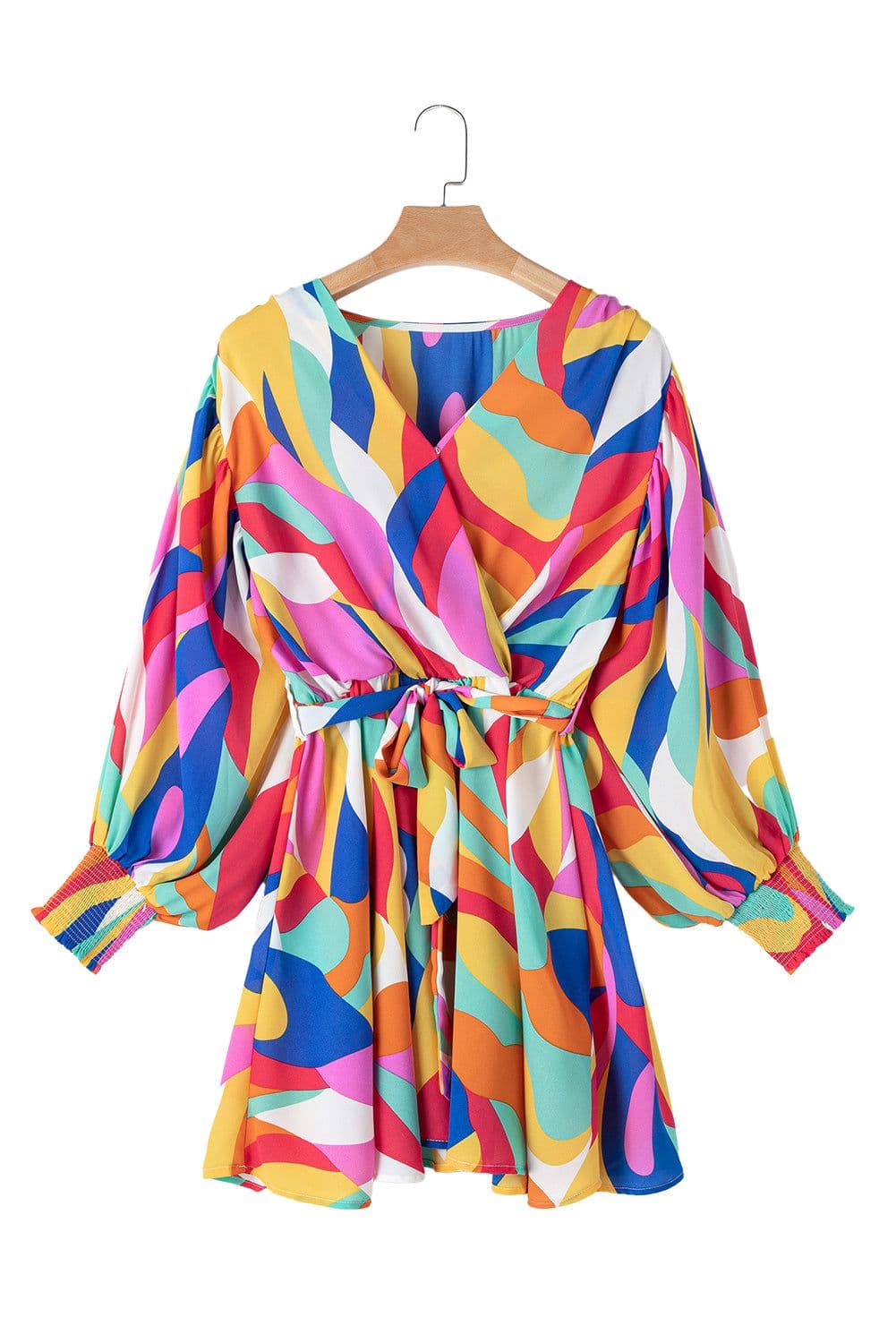 image-Fiery Red Abstract Printed Belted Puff Sleeve Mini Dress