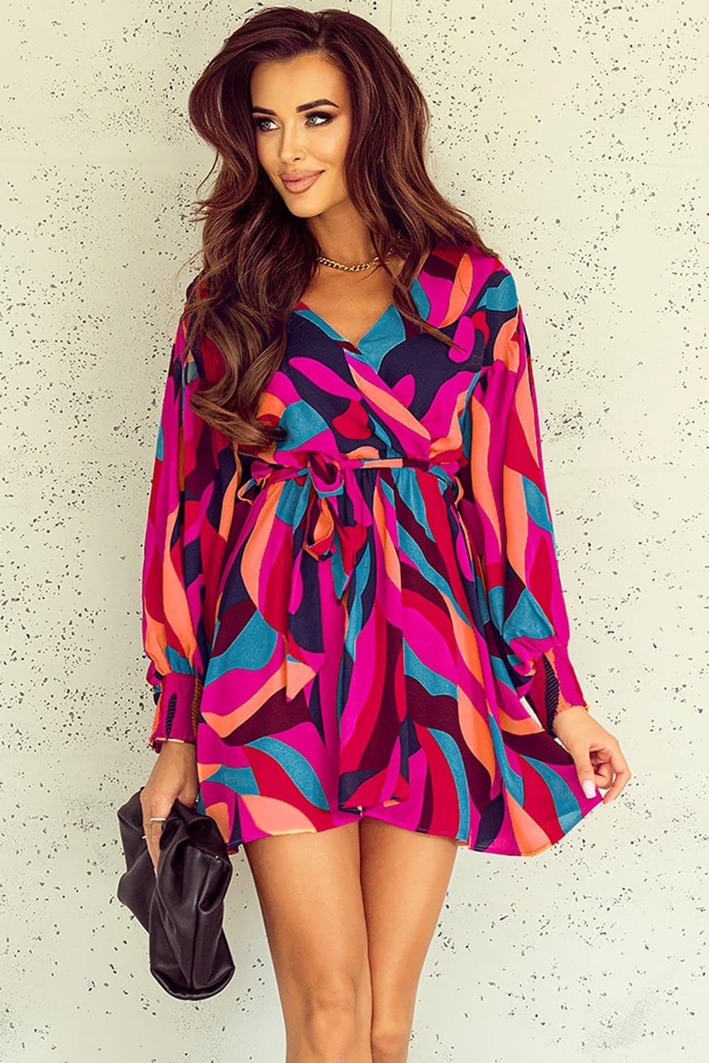 image-Fiery Red Abstract Printed Belted Puff Sleeve Mini Dress