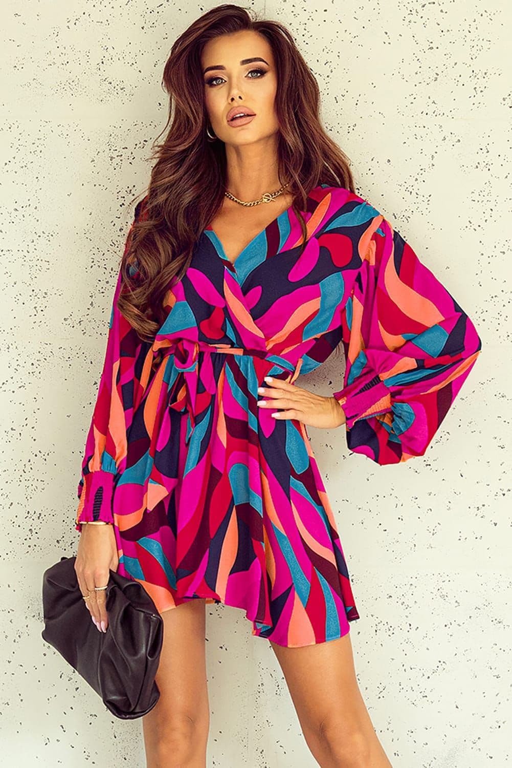 image-Fiery Red Abstract Printed Belted Puff Sleeve Mini Dress