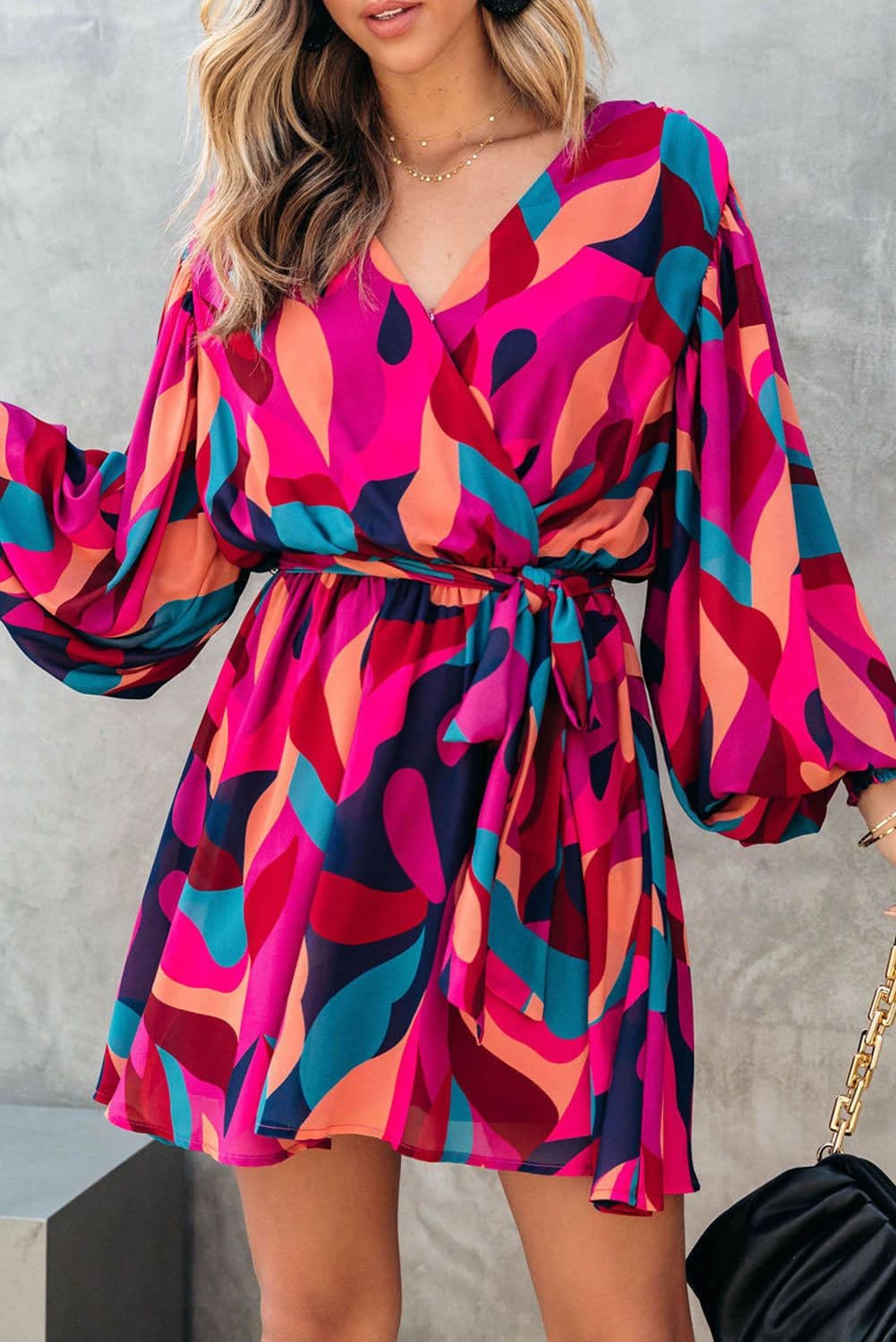 image-Fiery Red Abstract Printed Belted Puff Sleeve Mini Dress