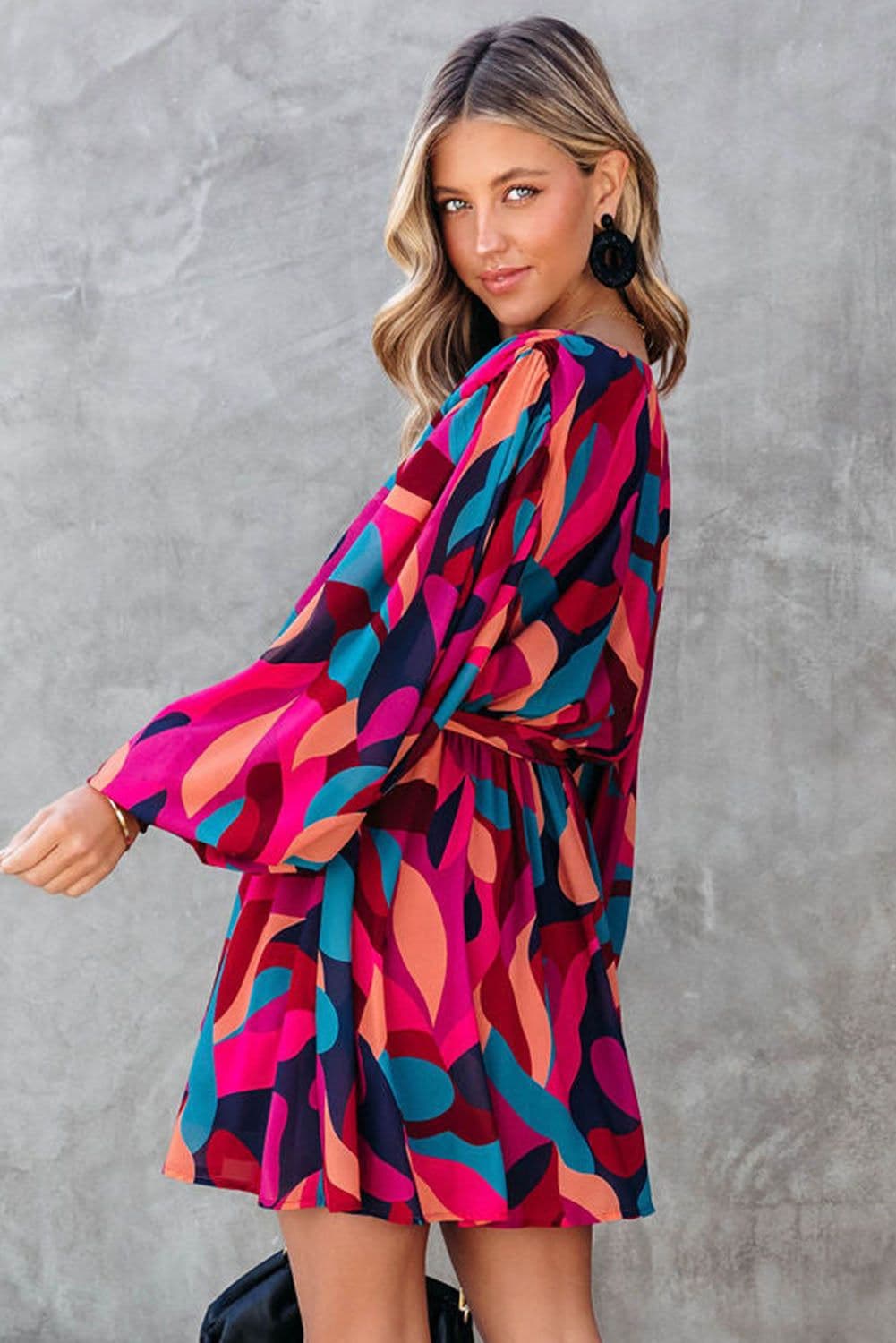 image-Fiery Red Abstract Printed Belted Puff Sleeve Mini Dress