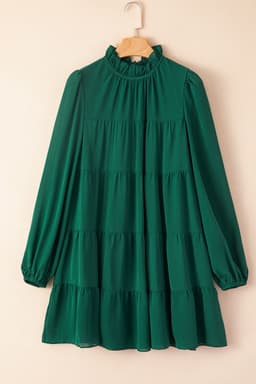 image-Green Puff Sleeve Mock Neck Back Knot Tiered Dress