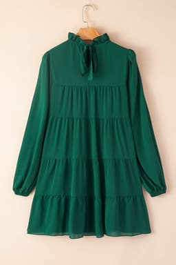 image-Green Puff Sleeve Mock Neck Back Knot Tiered Dress